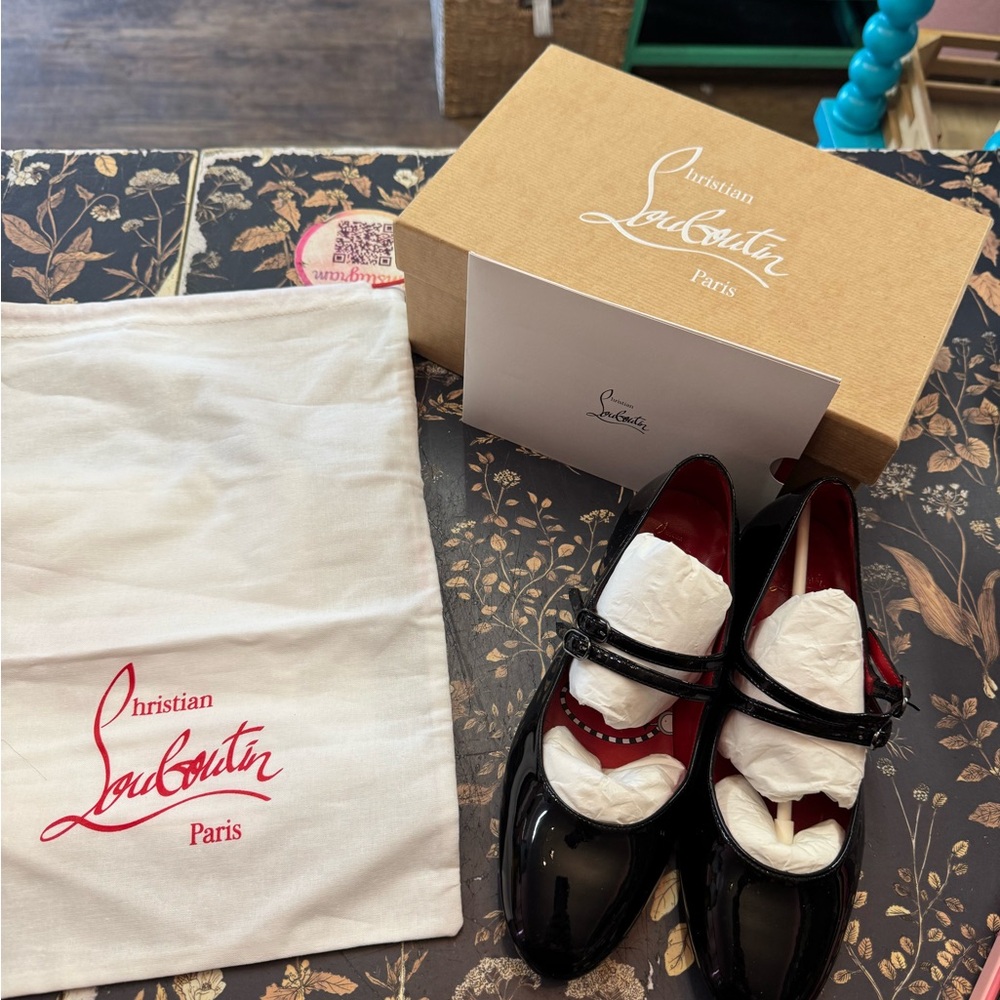 Christian Louboutin Black Patent Leather Mary Jane Flats with Red Interior